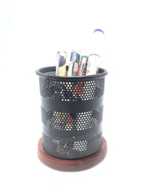 Wooden Base Metal Cylinder Stationery Organizer Jar